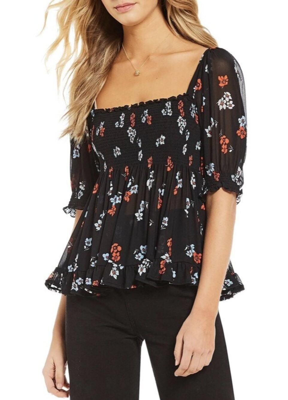Free People Delta Dawn Midnight Combo Black Floral Smocked Mesh Boho Top S